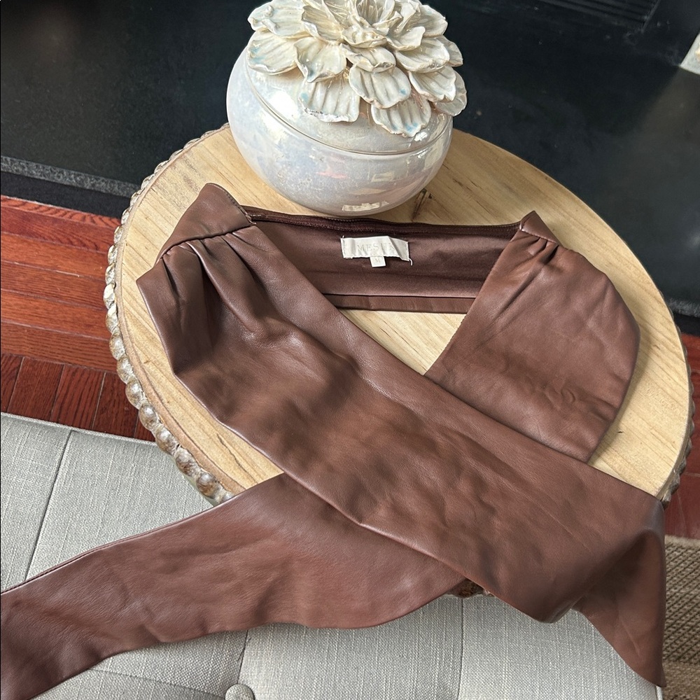 Meshski Brown Faux Leather Tie Front Strapless Bandeau Top Size Medium